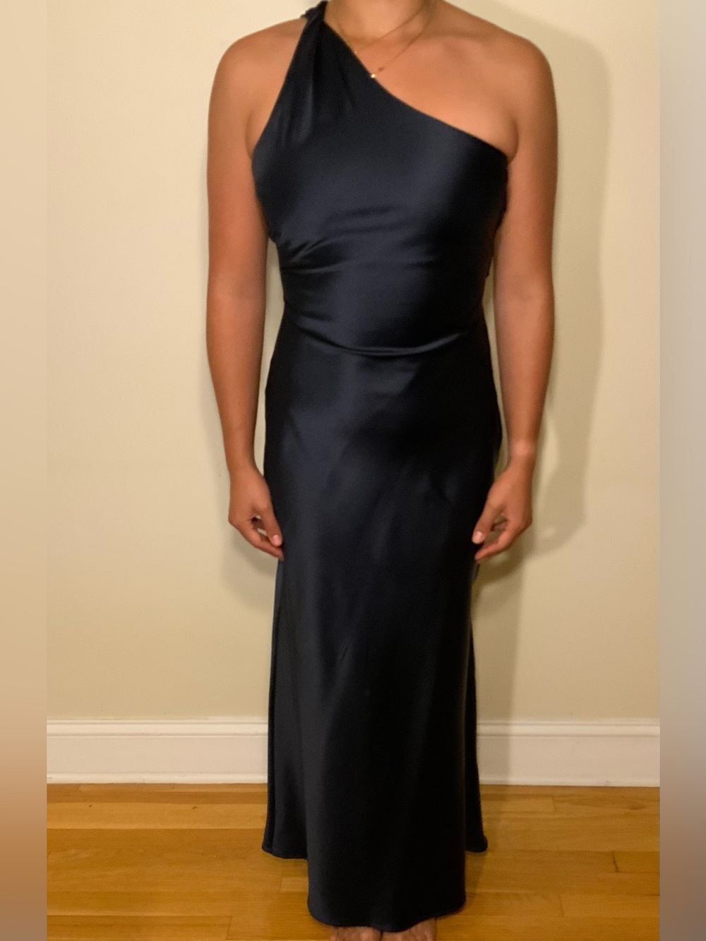Zara One-Shoulder Navy Blue Satin Evening Dress